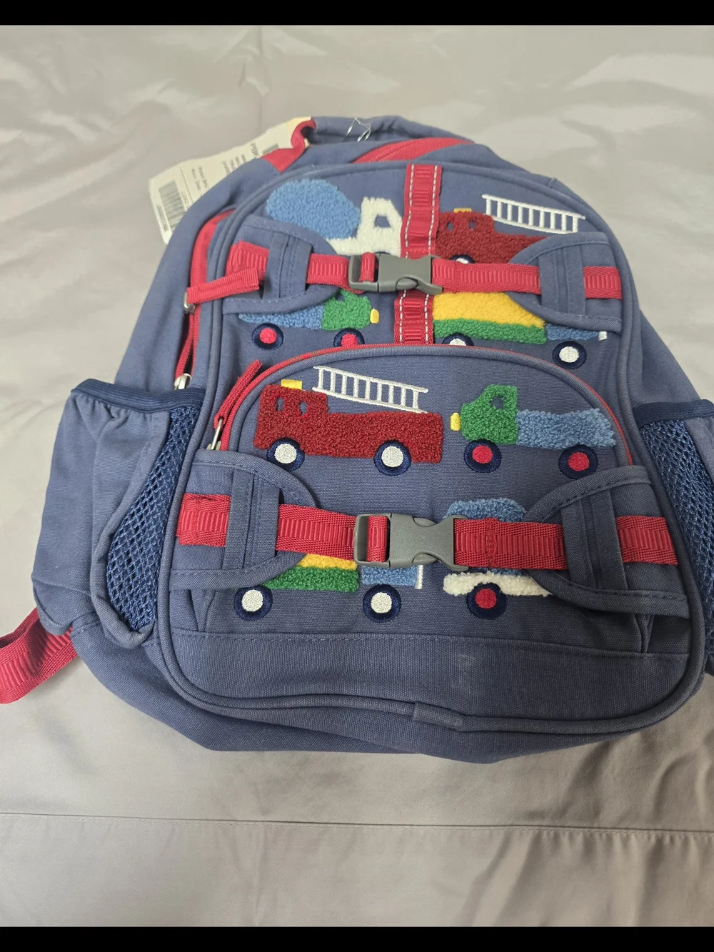 Pottery Barn Kids Navy Blue Fire Truck Backpack with Red Accents